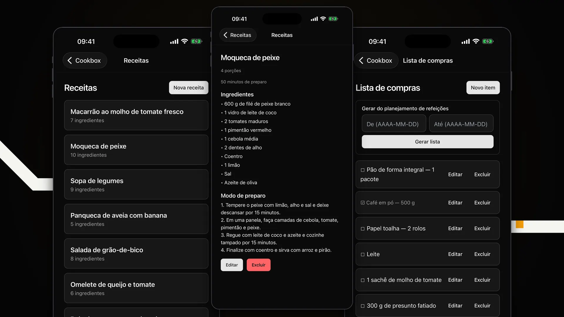 Três telas do Cookbox lado a lado: lista de receitas, detalhe de uma receita e lista de compras.