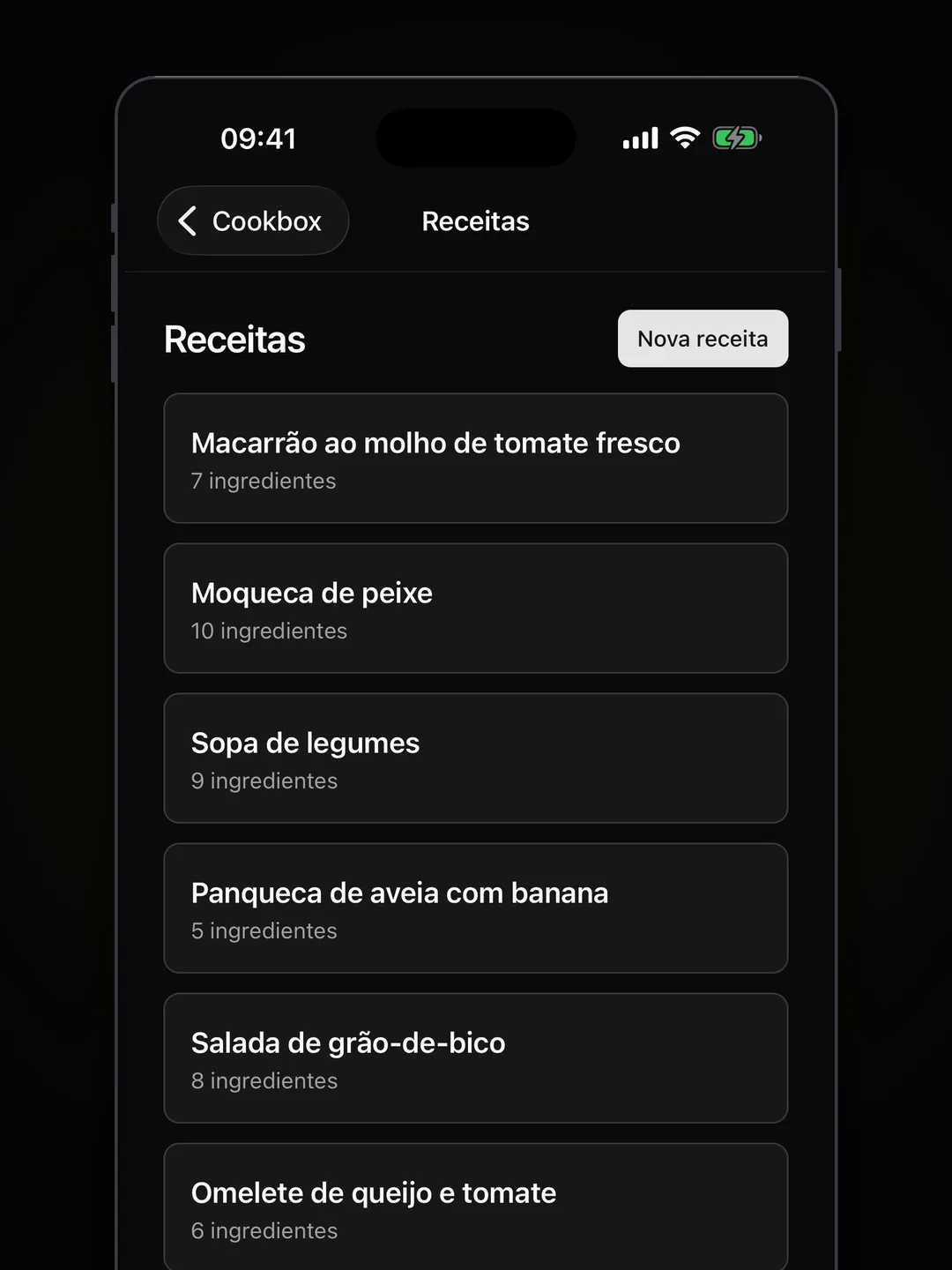 Lista de receitas de exemplo, cada uma com o número de ingredientes, e o botão Nova receita.