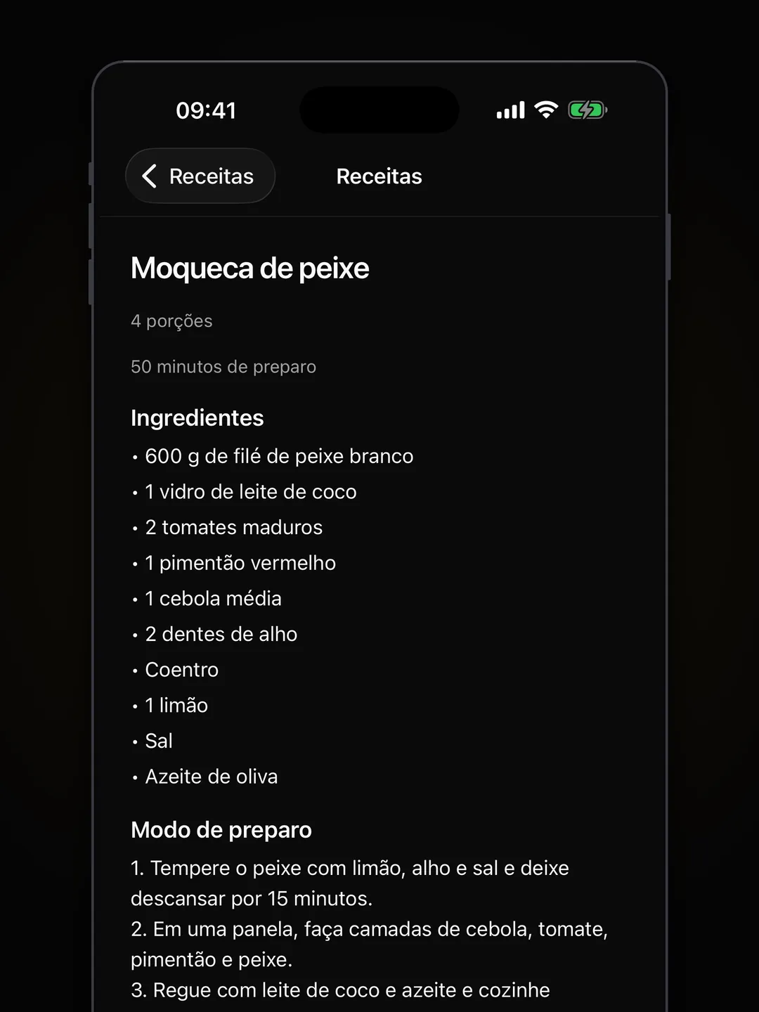 Detalhe de uma receita de peixe com porções, tempo de preparo, ingredientes e modo de preparo.