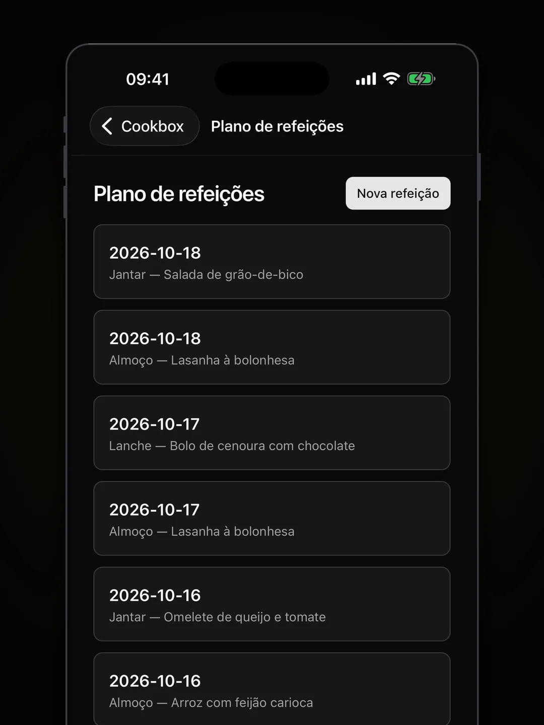 Plano de refeições com uma entrada por data e tipo de refeição, cada uma ligada a uma receita, e o botão Nova refeição.