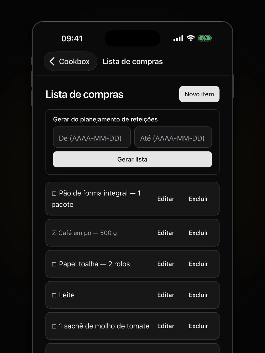 Lista de compras com campos de intervalo de datas e botão Gerar lista, mais itens com caixa de marcar, Editar e Excluir.