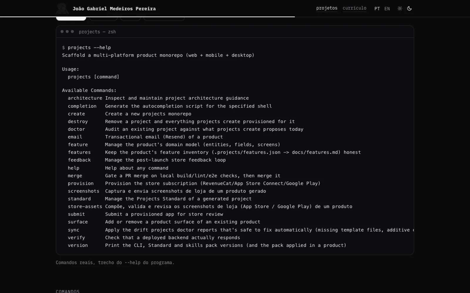 Página de uma ferramenta de linha de comando com um terminal que mostra o comando de ajuda real do programa.