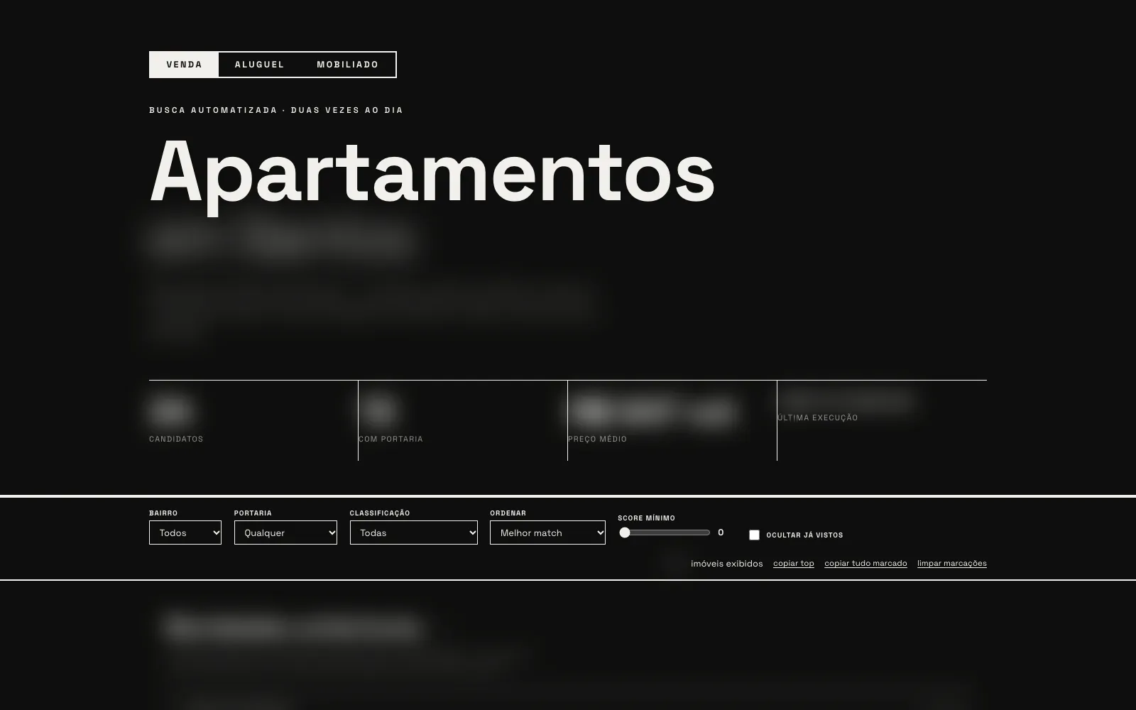 Tela principal de um site de busca de imóveis gerado, com abas e filtros nítidos e o restante desfocado.