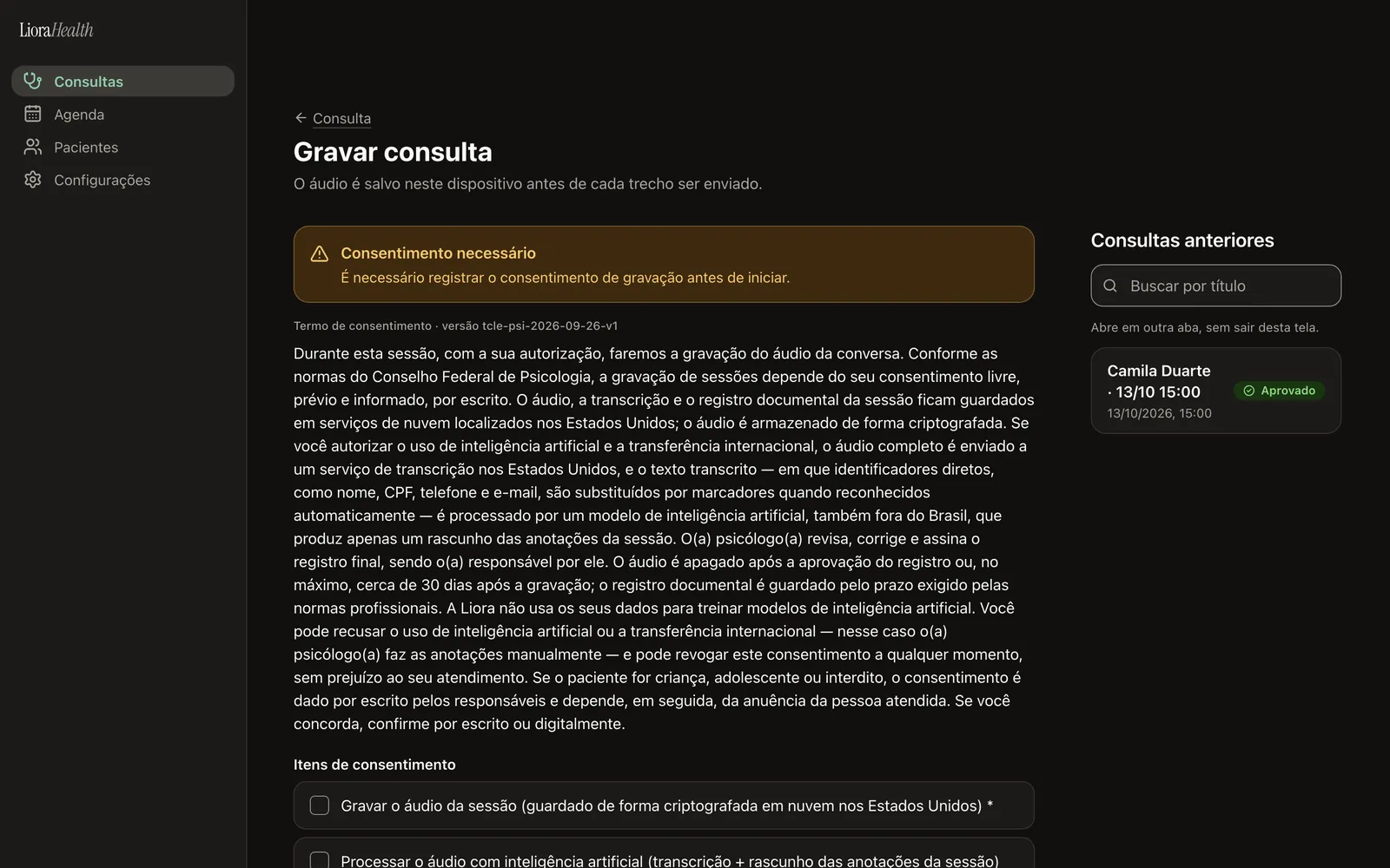 Tela de consentimento antes de gravar, com o termo, os itens a marcar e o aviso sobre o uso de IA.
