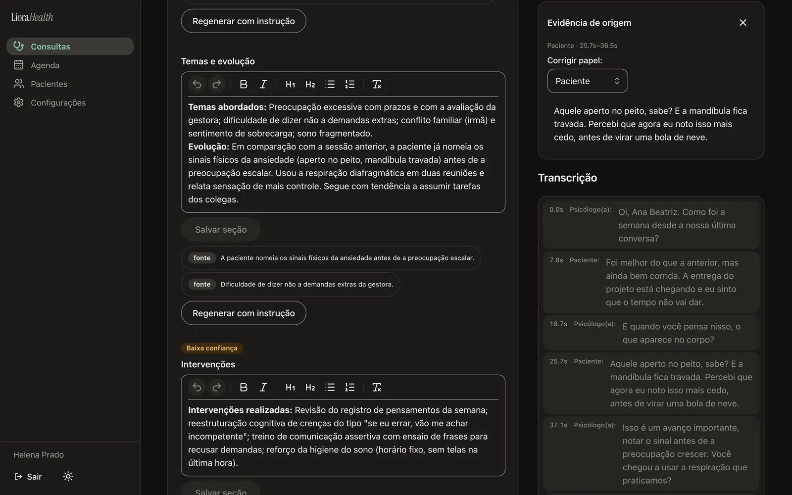Uma afirmação do rascunho ligada ao trecho da transcrição que a originou, com selo de baixa confiança.