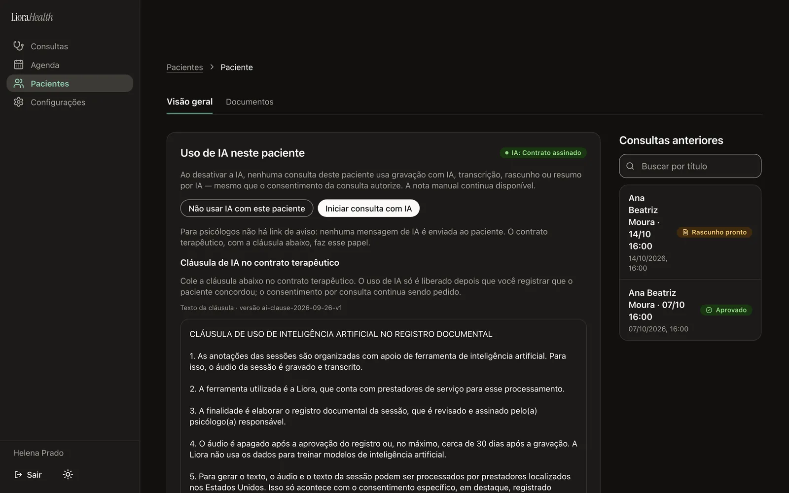 Configuração do uso de IA em um paciente, com o contrato assinado e os botões para desativar ou iniciar a consulta.