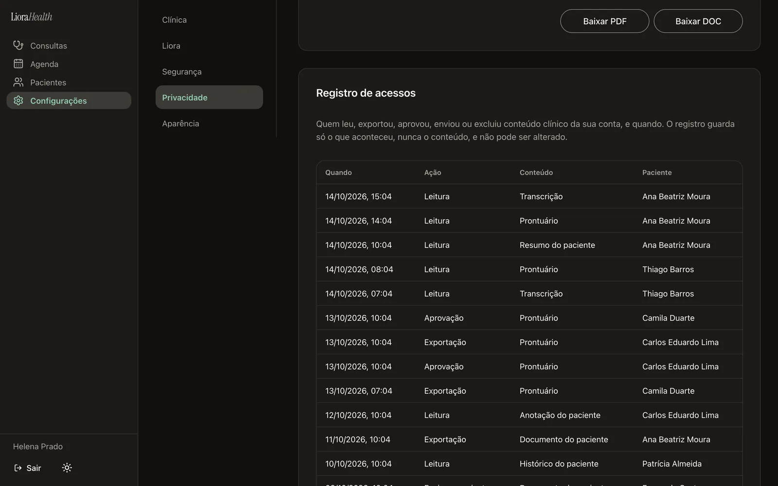 Registro de acessos listando quem leu, aprovou ou exportou conteúdo clínico, com data, ação e paciente.