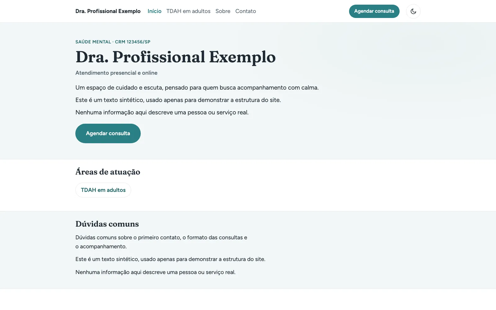 Página inicial de um site de exemplo gerado, com cabeçalho, chamada para agendar e seções de conteúdo.