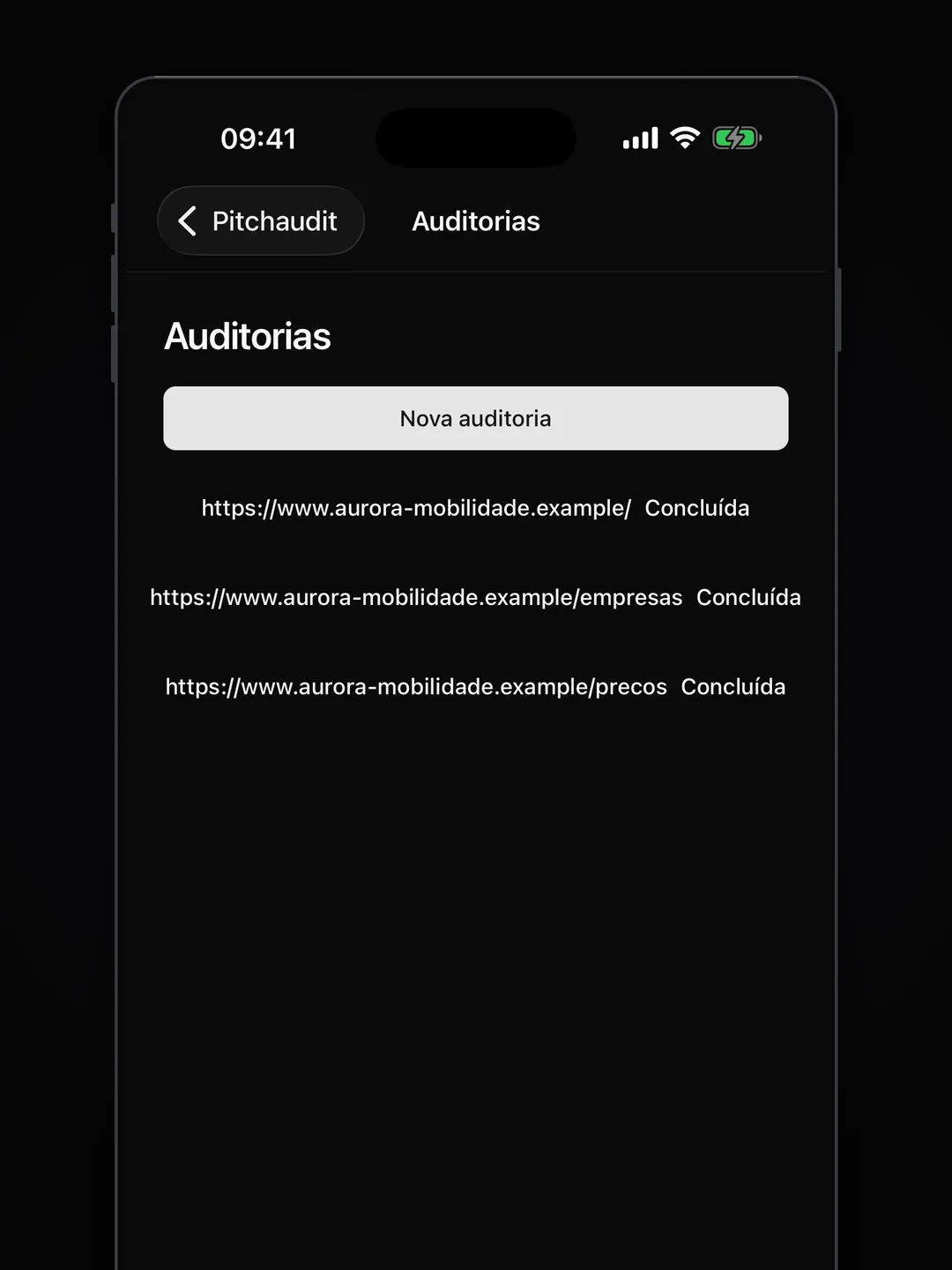 Lista de auditorias com o botão Nova auditoria e três análises concluídas de uma empresa fictícia.