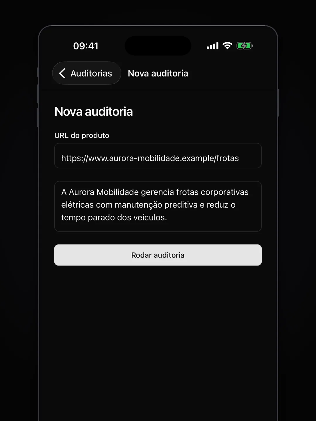 Formulário de nova auditoria com o endereço do site e o texto do pitch preenchidos e o botão Rodar auditoria.