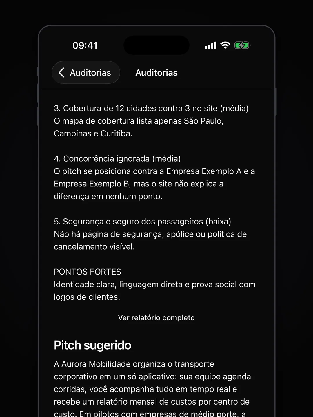 Final do relatório com as últimas lacunas, os pontos fortes, o link para o relatório completo e o texto do pitch sugerido.