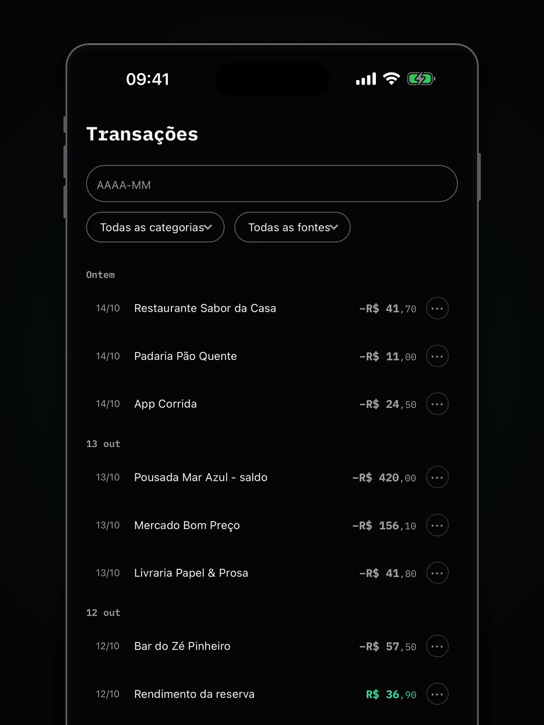 Lista de transações por dia, com filtros de categoria e fonte.