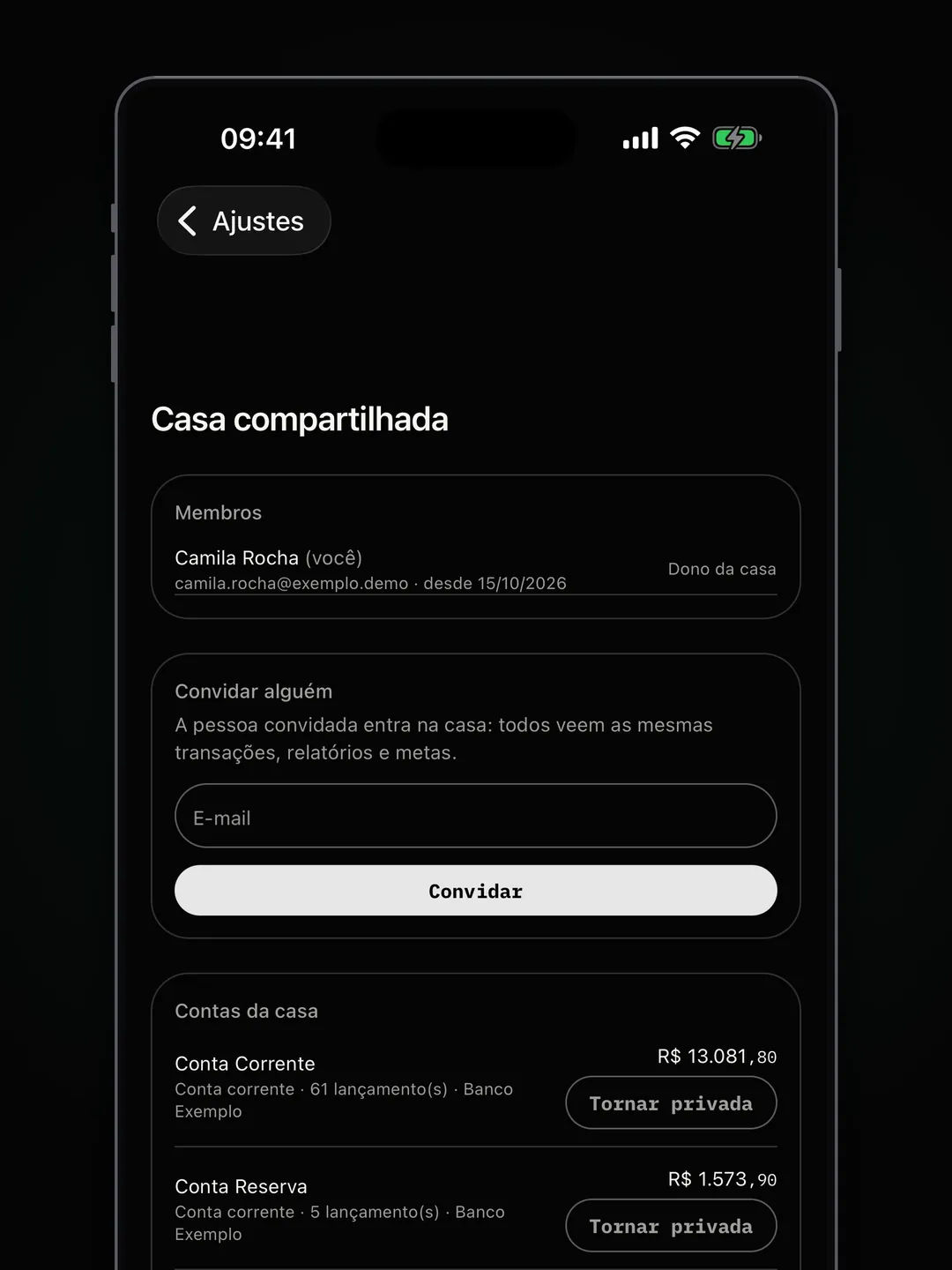 Tela da casa compartilhada com membros, convite e contas da casa.
