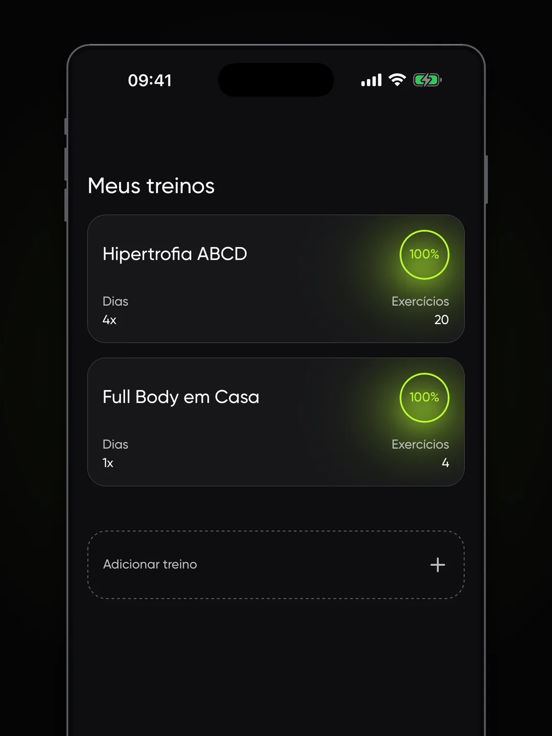 Lista Meus treinos com dois treinos, o progresso em círculo, dias e número de exercícios, e o botão Adicionar treino.
