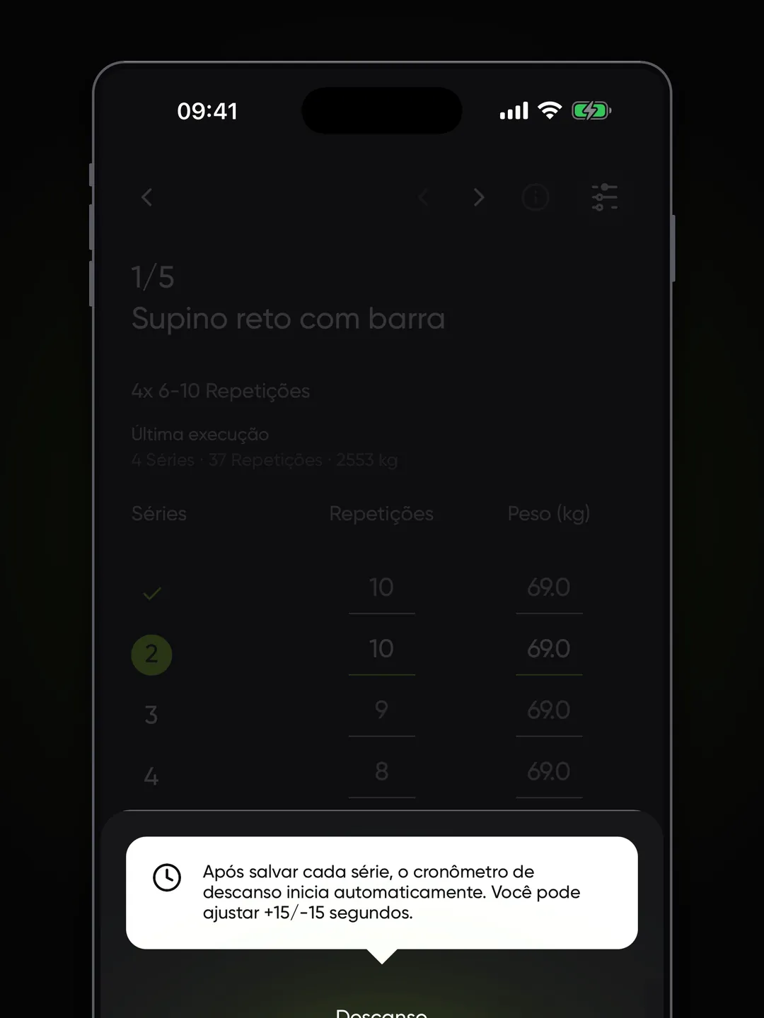 Aviso explicando que o cronômetro de descanso inicia ao salvar a série e pode ser ajustado em 15 segundos.