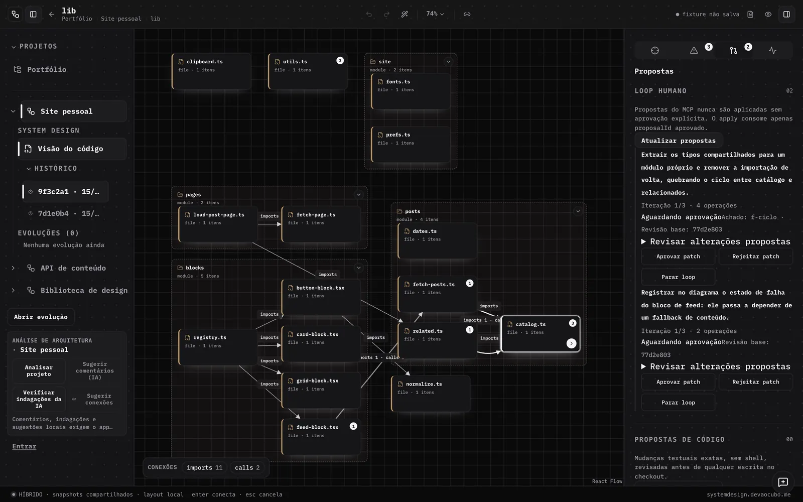 Duas propostas de mudança no diagrama aguardando aprovação, cada uma com os botões Aprovar patch, Rejeitar patch e Parar loop.