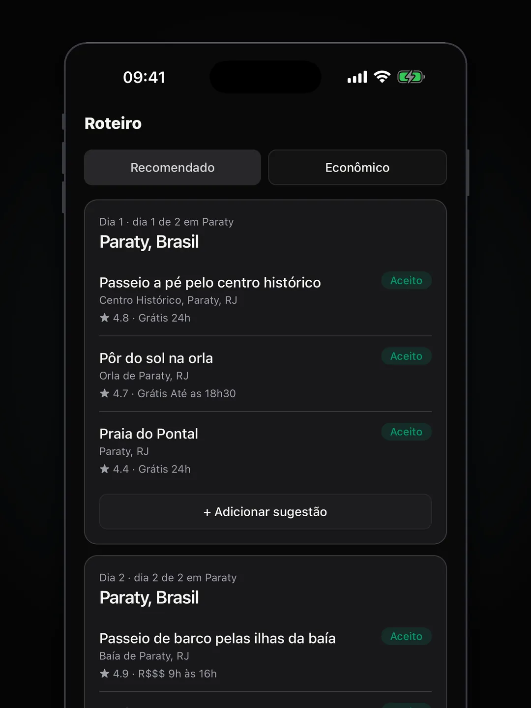 Roteiro dia a dia de uma viagem de exemplo, com sugestões marcadas como aceitas e botão para adicionar outra.