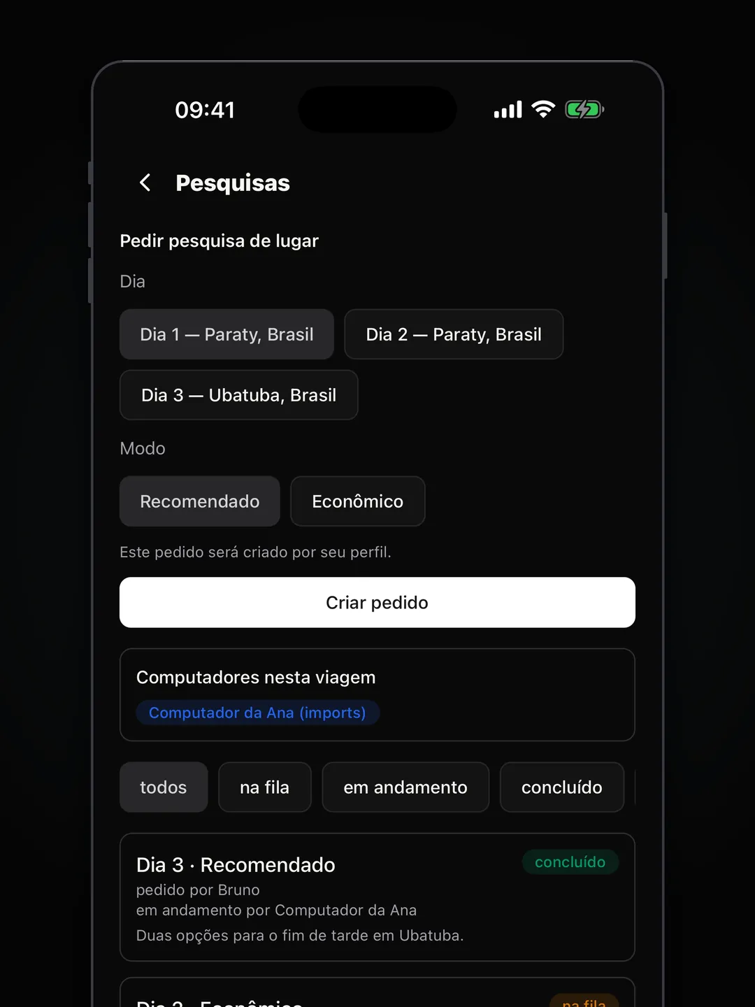 Tela de pesquisas: escolha do dia e do modo, botão Criar pedido e fila de pedidos por status.
