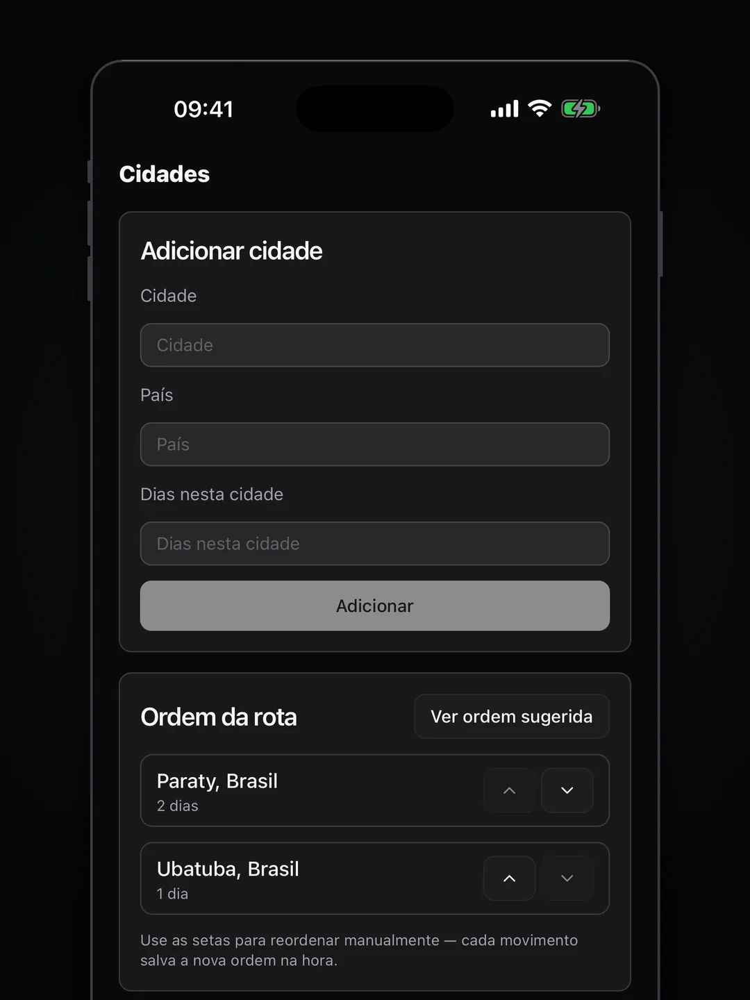 Formulário para adicionar cidade e lista da ordem da rota, com setas para reordenar e botão de ordem sugerida.
