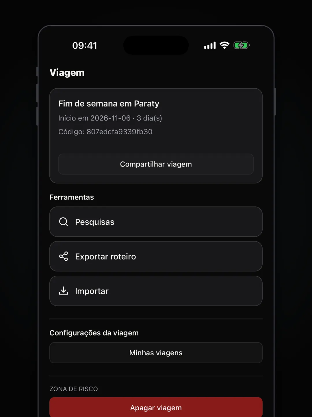 Central da viagem de exemplo com botão de compartilhar e as ferramentas Pesquisas, Exportar roteiro e Importar.